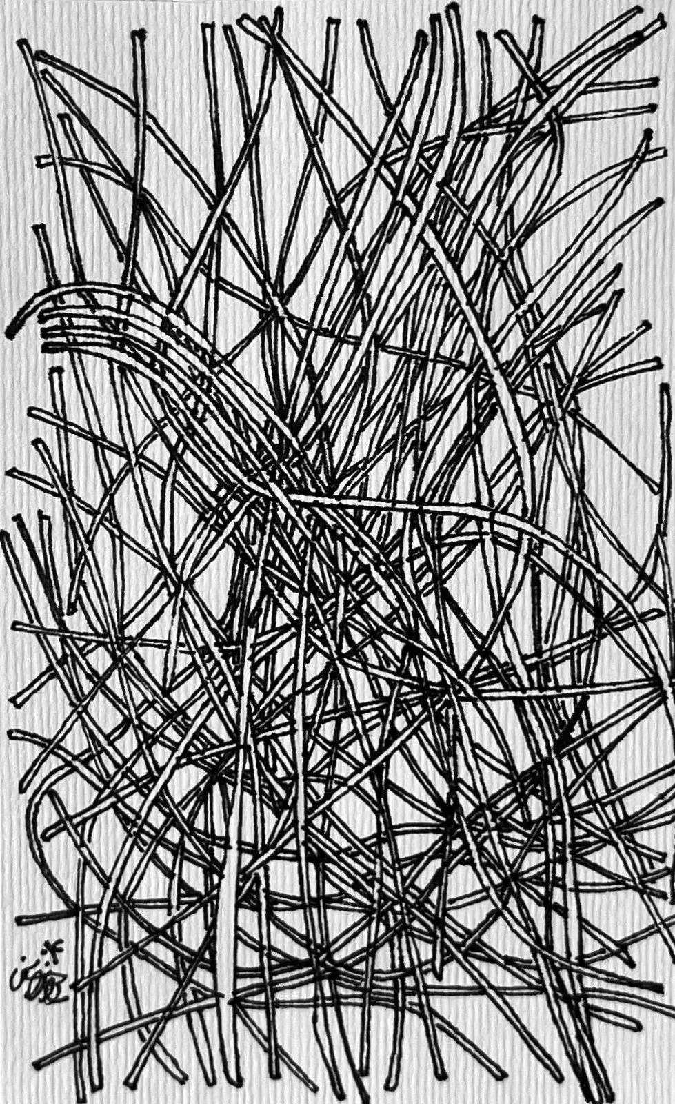 Black ink drawing of overlapping and intersecting lines and shapes, resembling abstract or chaotic scribbles.