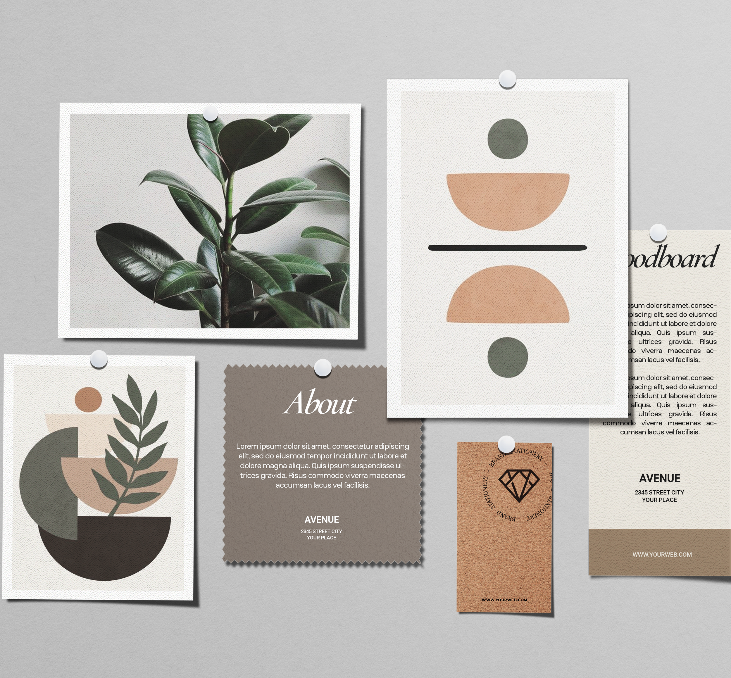Collage of decorative items including a potted plant, abstract art prints, a business card, and a journal page on a gray background.