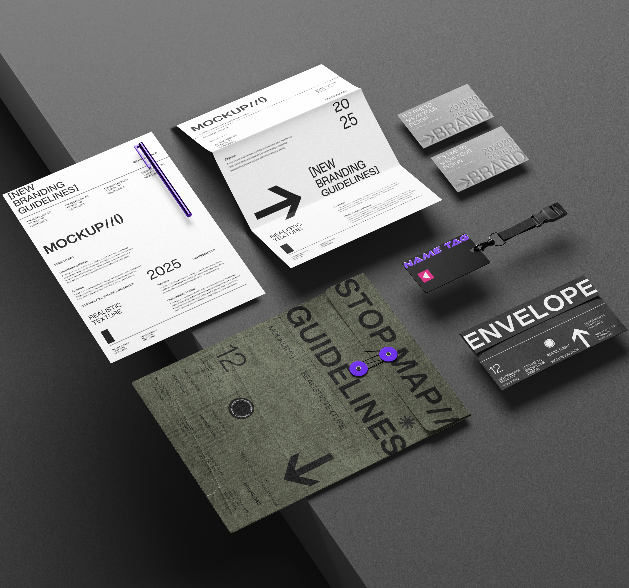 Flat lay of mockup documents, tags, labels, and an envelope on a gray surface, featuring branding guidelines, flyers, stickers, and a luggage tag.