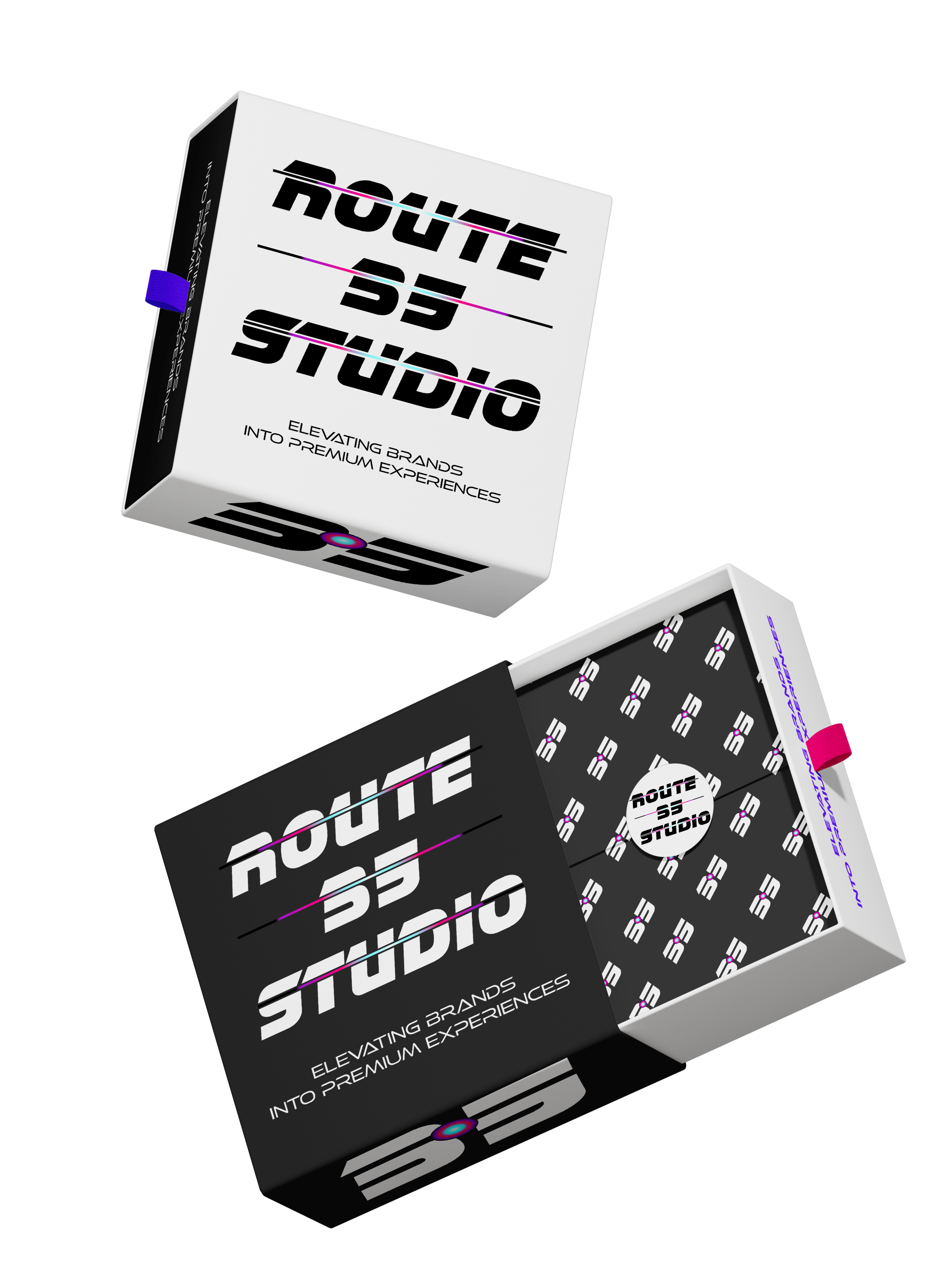 Two boxes of Route 55 Studio headphones, one with a black design and the other with a white design, both with branding and tagline.