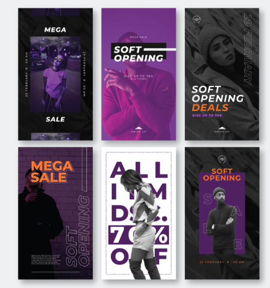 Collection of six promotional sale posters featuring text and images of people, with themes of soft opening and sale discounts, in purple, black, and orange colors.