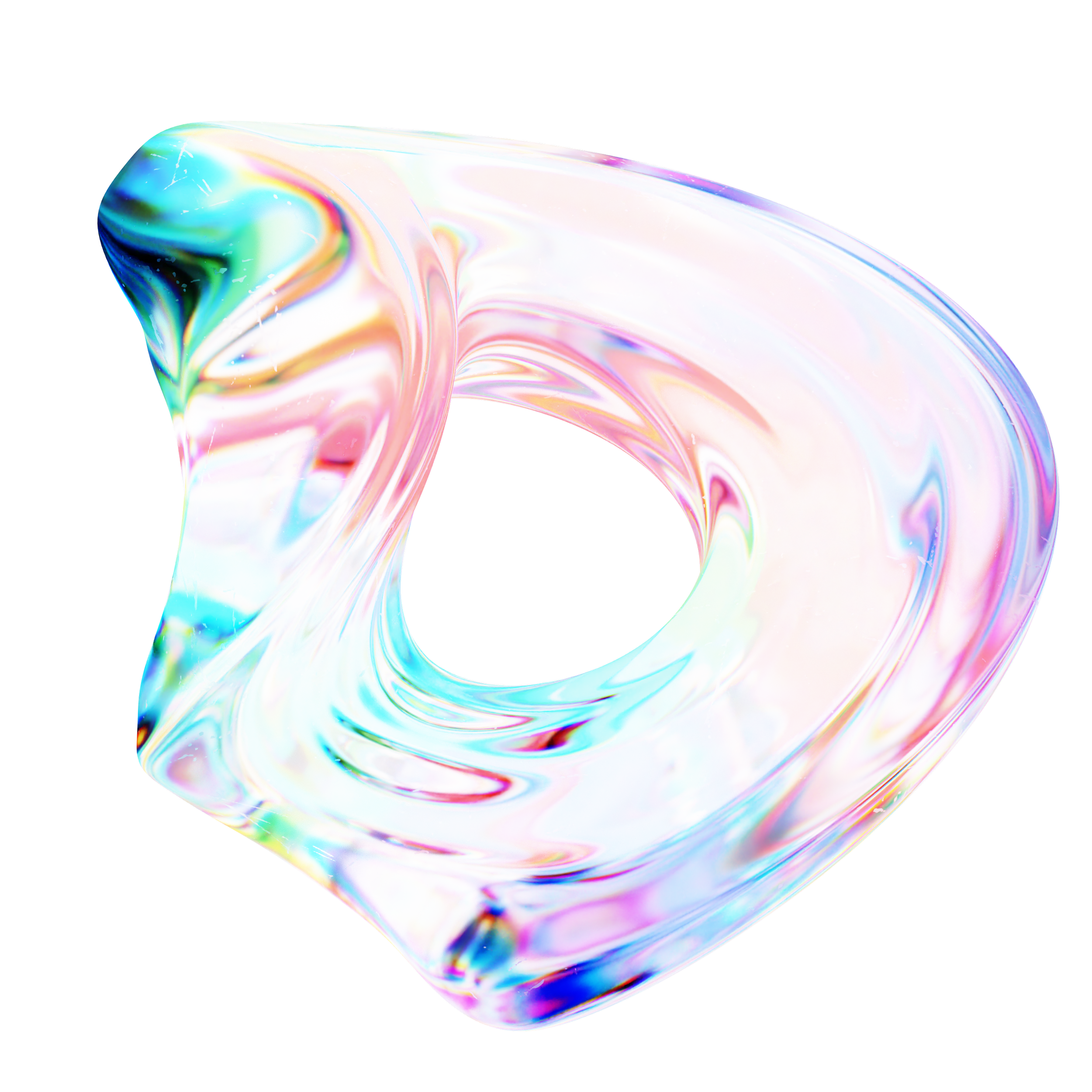 Colorful, iridescent, abstract ring with swirling colors including pink, blue, purple, green, and white on a black background.