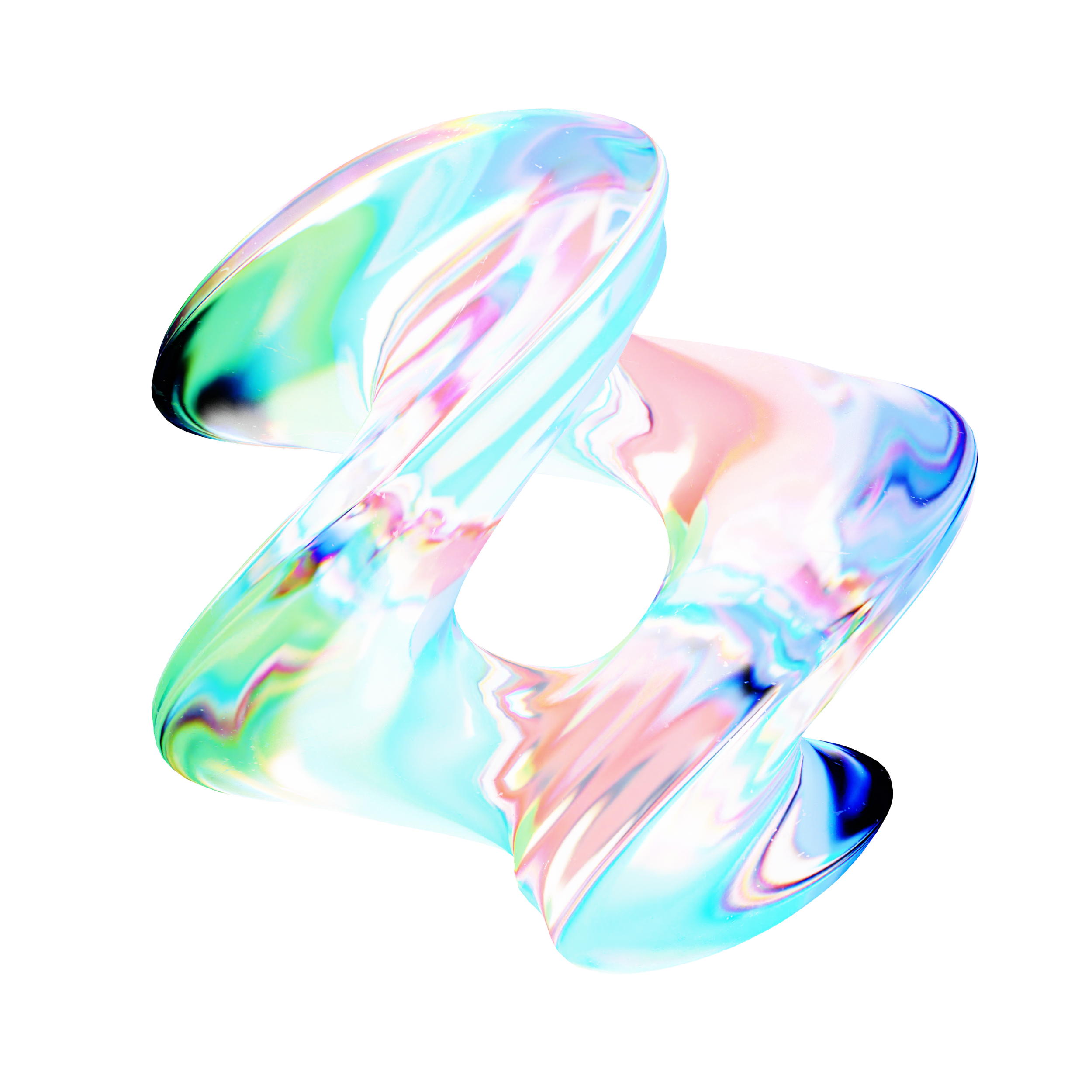 Colorful, iridescent, abstract shape resembling a twisted ribbon or sculpture on a black background.