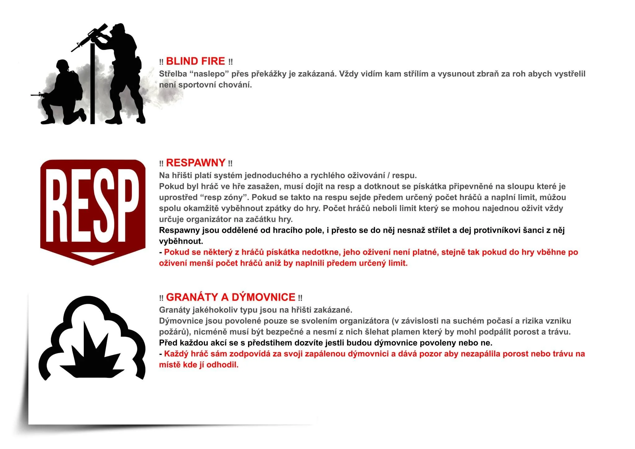 Safety instructions panel for a sports field, including warnings about blind fire, respawn rules, and prohibitions on grenades and smoke bombs, with icons representing each warning.