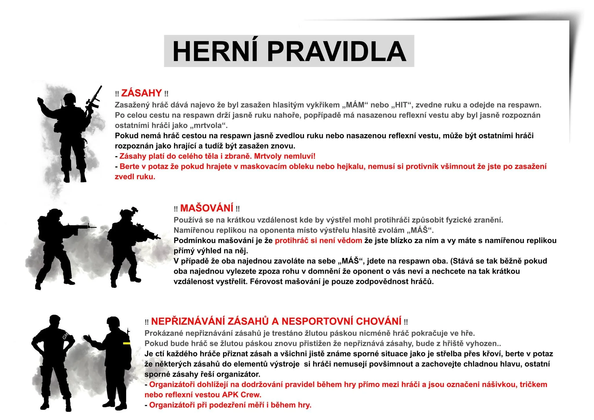 Rules for handling in a paintball game, in Czech language, with black silhouettes of players and some wearing masks and holding guns.