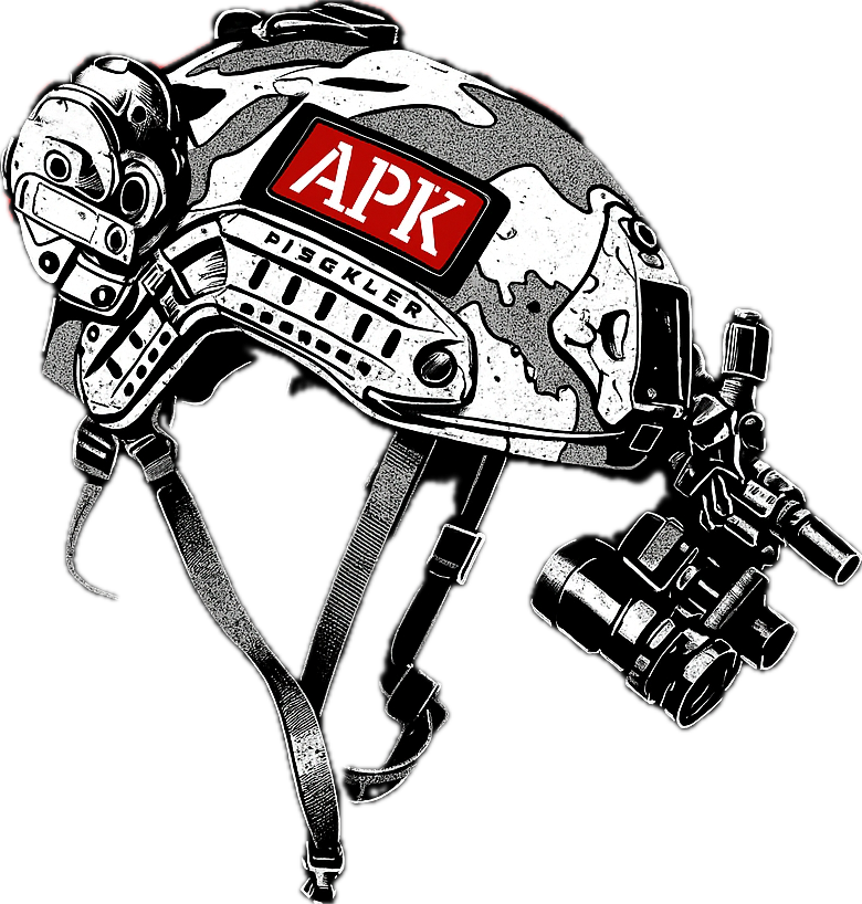 Illustration of a tactical helmet with attachments, featuring a red and white patch that reads 'APK' and additional gear like goggles and a night vision device.