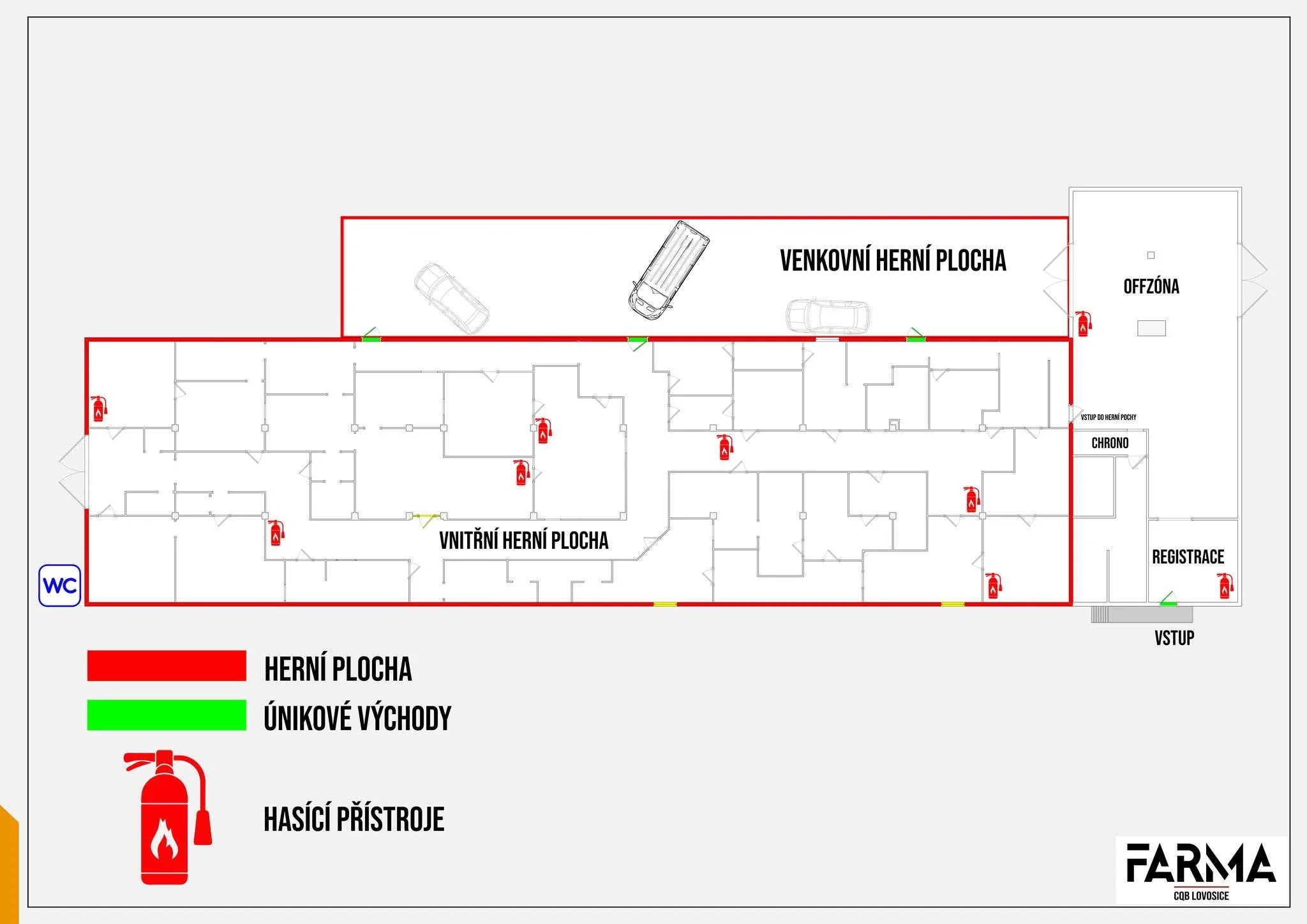 Floor plan of a building with areas labeled in Czech. The plan includes fire extinguishers marked with red icons, an outdoor riding area labeled 'VENKOVNÍ HERNI PLOCHA', an indoor riding area labeled 'VNITŘNÍ HERNI PLOCHA', and various rooms and entrances. The building outline is marked with a red border, and green exit indicators are present. A WC (restroom) is located at the bottom left. The logo 'FARMA' and 'CQB LIVOSICE' are in the bottom right corner.