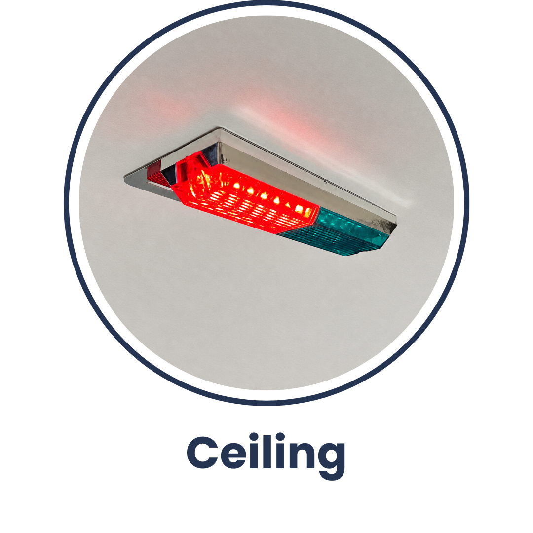Ceiling mount bathroom occupancy status light providing an overhead high-visibility LED signaling option.