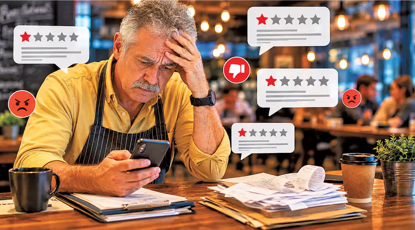 Frustrated cafe owner reviewing negative restaurant complaints regarding long restroom wait times and poor customer experience.