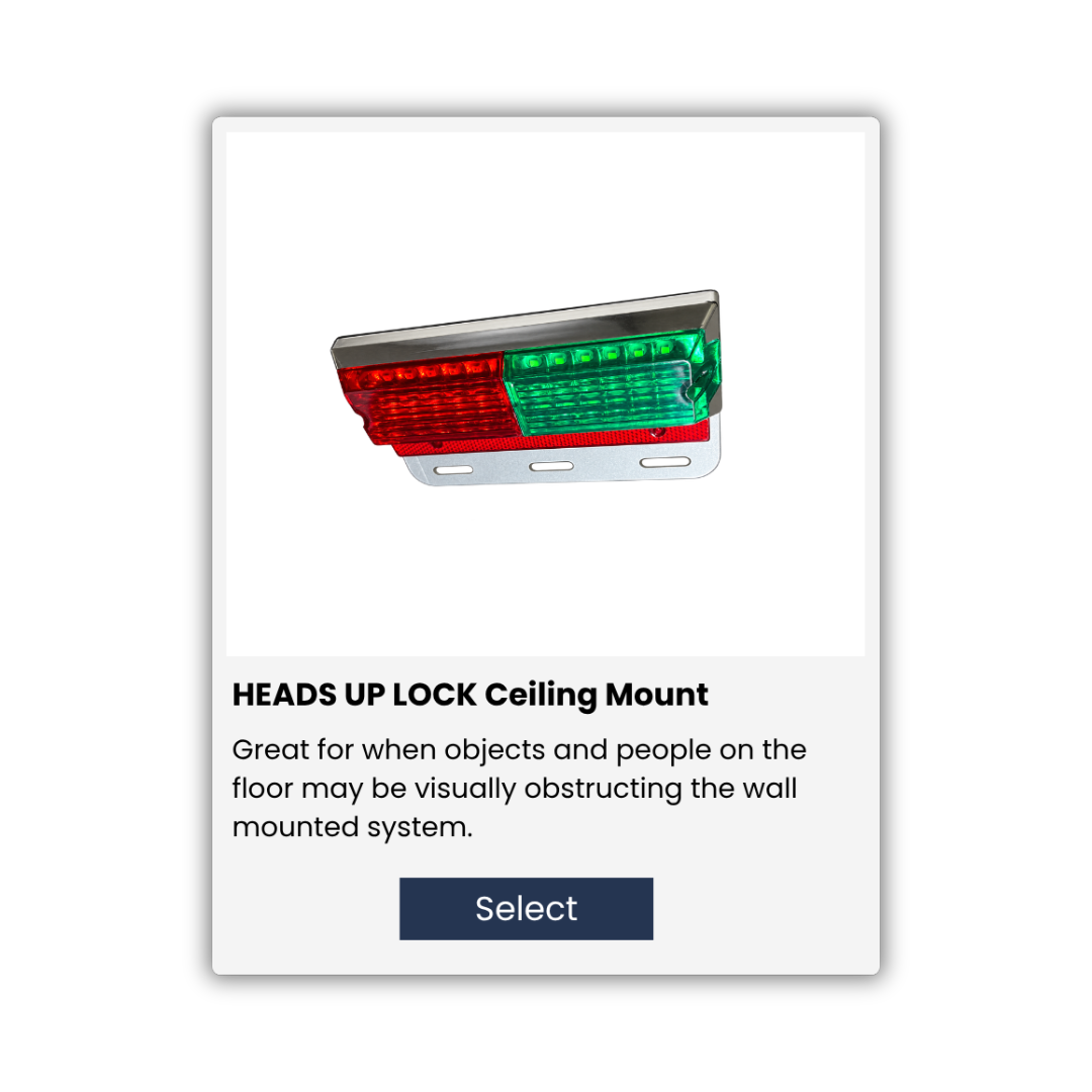 A ceiling-mounted tail light with red and green sections, labeled as 'Heads Up Lock Ceiling Mount', meant for visibility and safety.