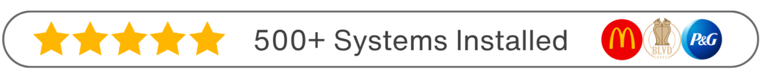 B2B trust banner showcasing a five-star rating and over 500 systems deployed across major commercial brands.