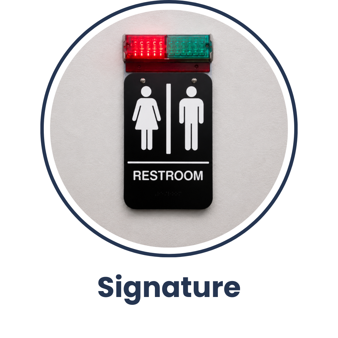 Signature model commercial restroom occupancy indicator with red and green LED lights mounted above a sign.