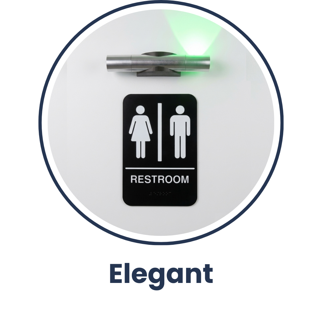 Elegant model single-stall toilet occupancy indicator with a synchronized occupied vacant deadbolt lock.