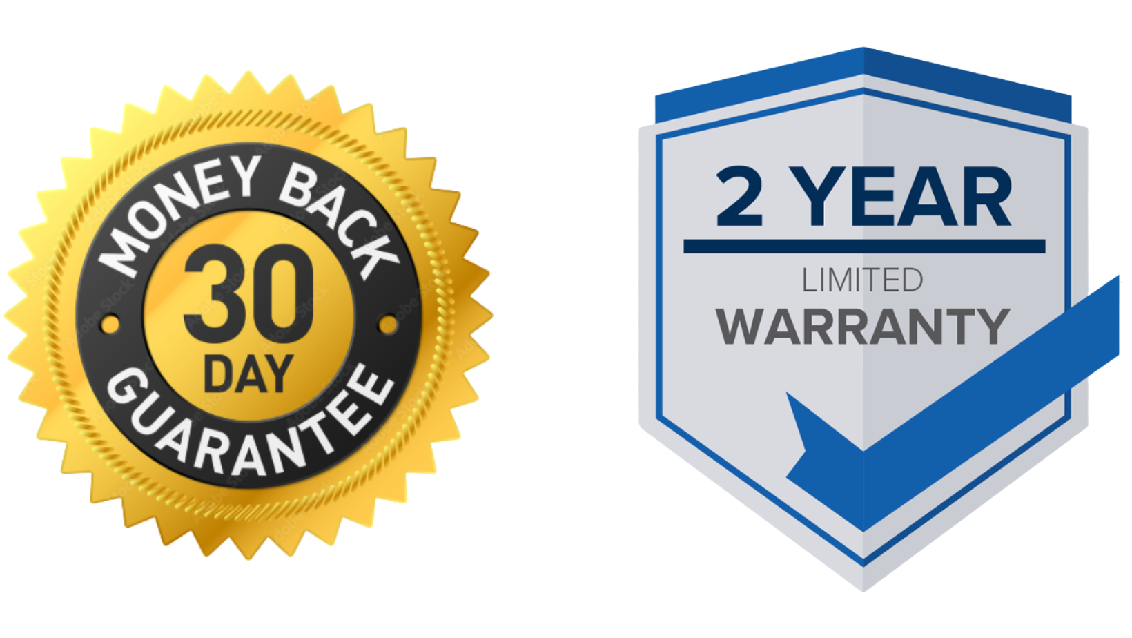 Official Heads Up Lock commercial hardware warranty badges detailing the 30-day money-back guarantee and 2-year limited warranty protection.