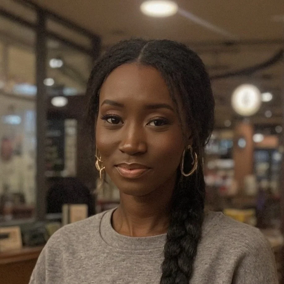 A young woman with dark braided hair, wearing gold hoop earrings and a gray sweatshirt, smiling slightly in a cozy indoor setting.