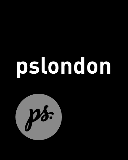 Graphic design with black background, featuring the text 'pslondon' in white, and a gray circle with the lowercase letters 'ps.' inside.
