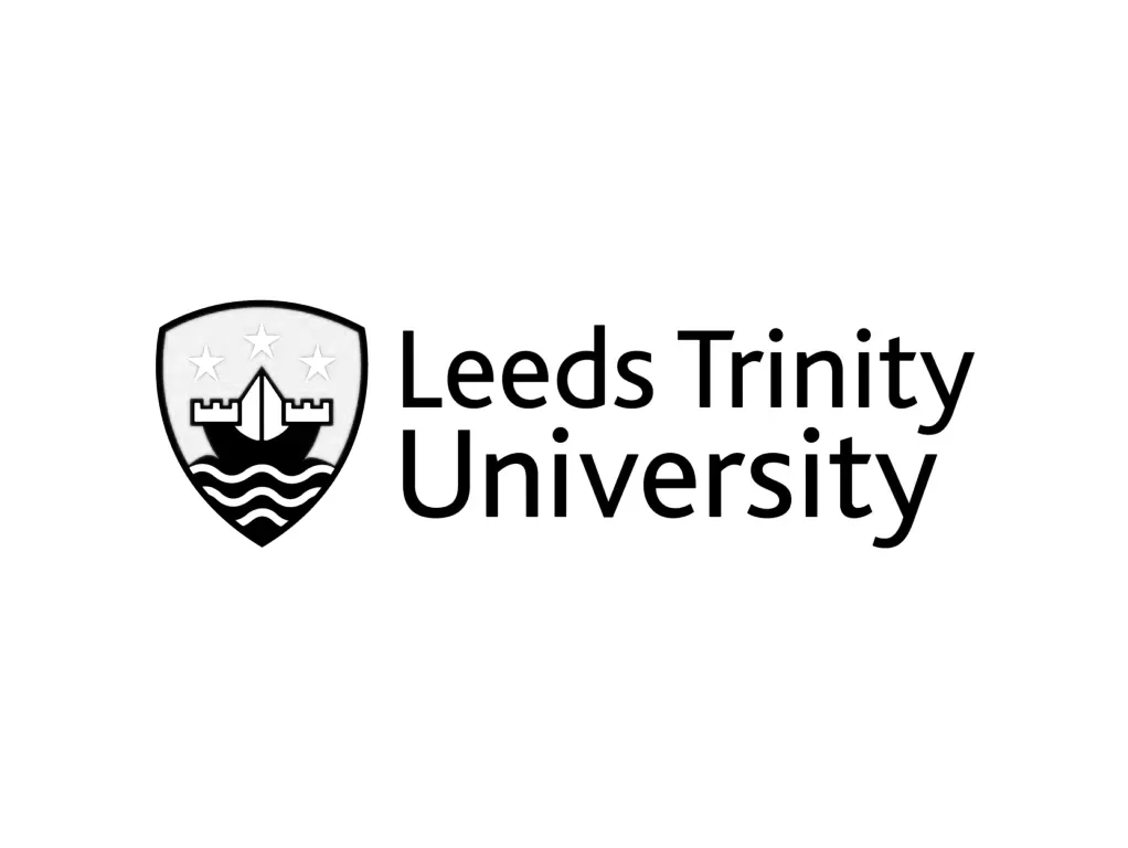Leeds Trinity University logo with shield featuring a castle, waves, and three stars.