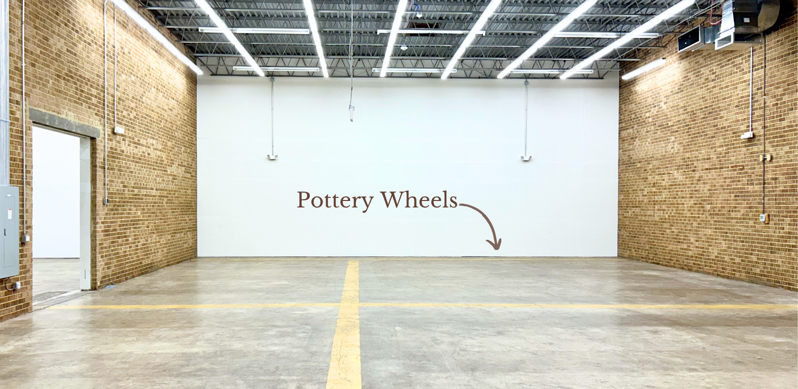 Future Strata Clay pottery studio space in Alexandria, VA with planned pottery wheels marked inside the warehouse.