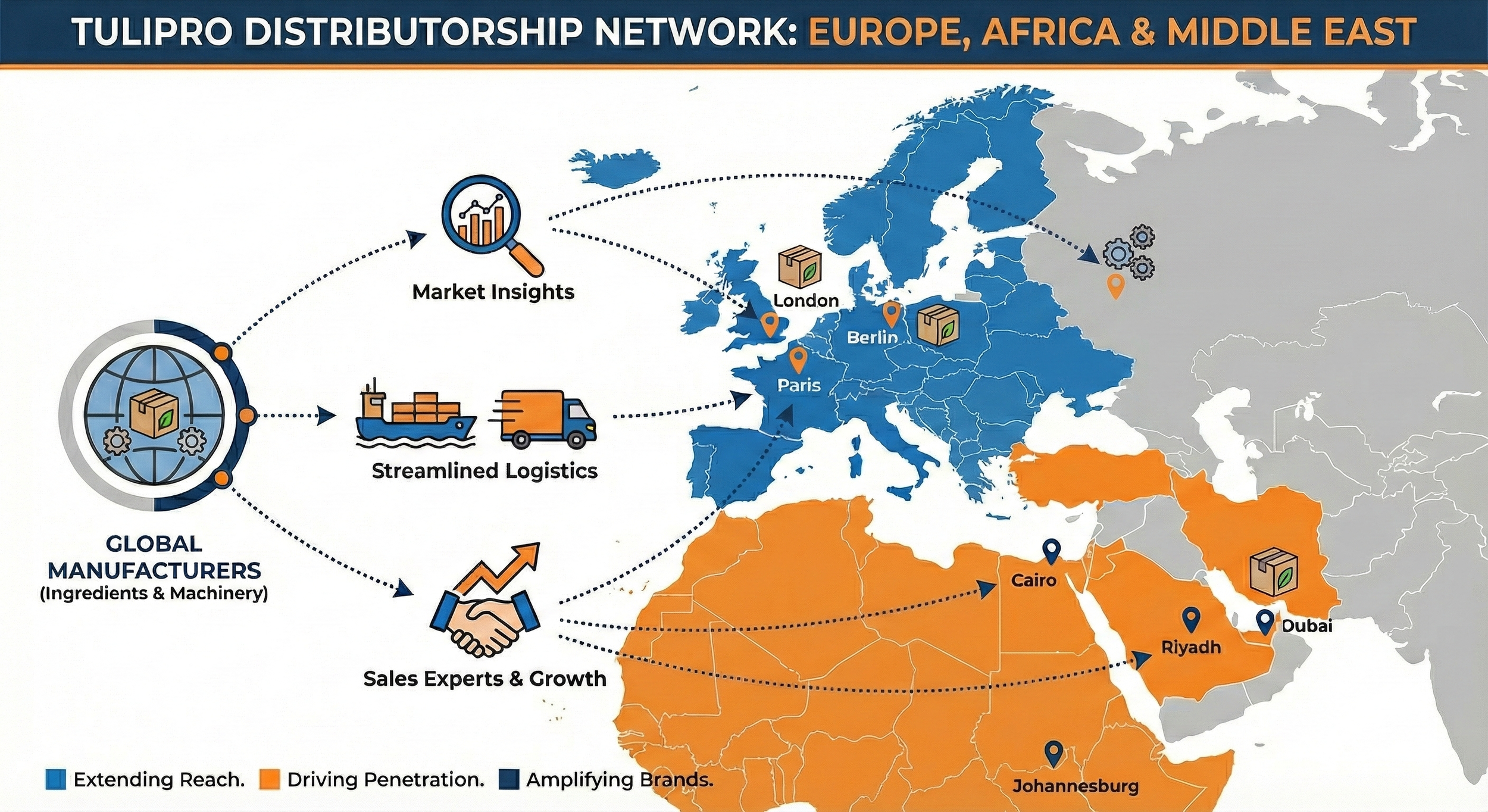 Map showing Tulipro distributorship network in Europe, Africa, and the Middle East with highlighted cities: London, Berlin, Paris, Cairo, Riyadh, Dubai, Johannesburg, and the color-coded regions for reach and market penetration.