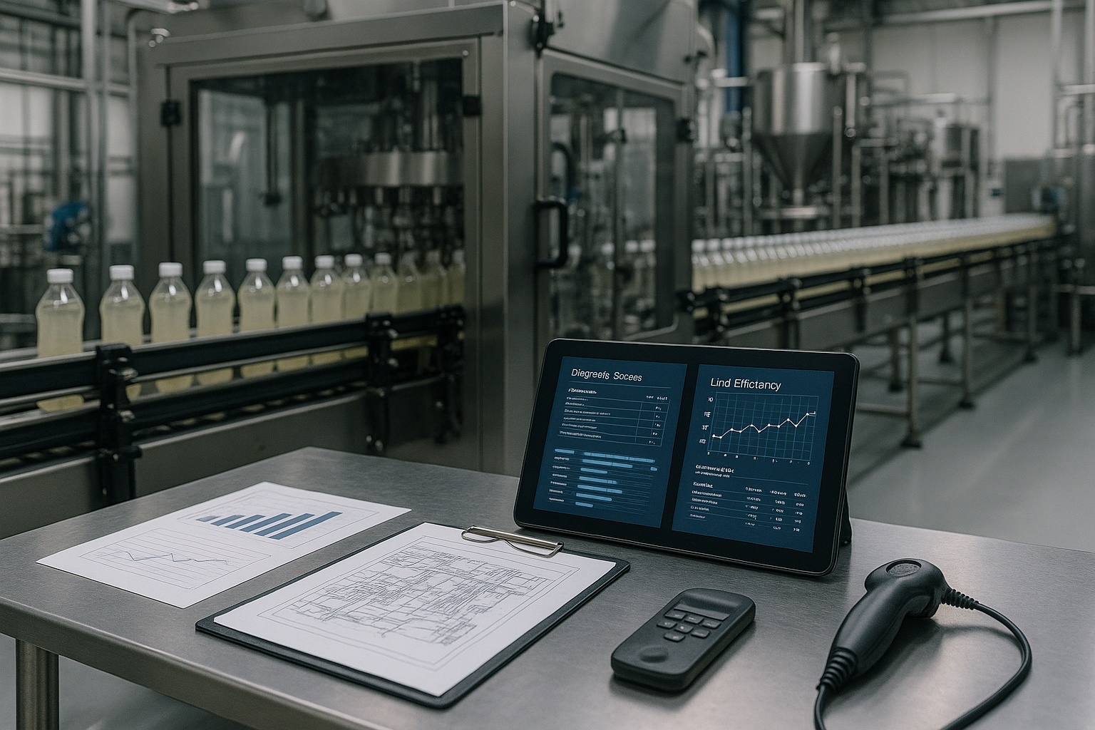 Electronic tablet displaying charts and graphs, a clipboard with documents, a remote control, and a barcode scanner on a worktable in a manufacturing facility with automation equipment in the background.