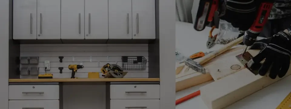 A home workshop with organized storage cabinets, tools, and a person using a cordless drill to work on a piece of wood.