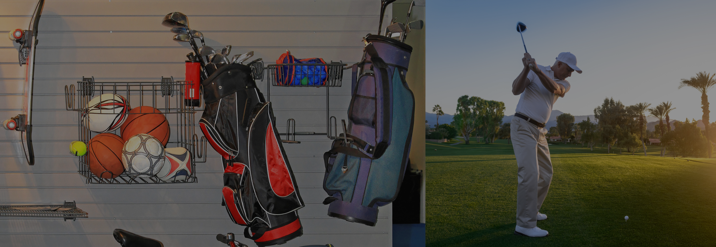 A golf store display with golf clubs, balls, rackets, and bags on the left side, and a man playing golf on a course during sunset on the right side.