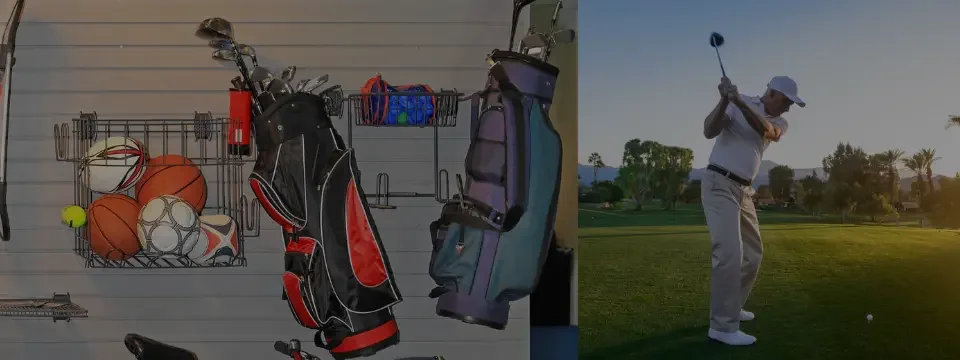 A golf store display with golf clubs, balls, rackets, and bags on the left side, and a man playing golf on a course during sunset on the right side.