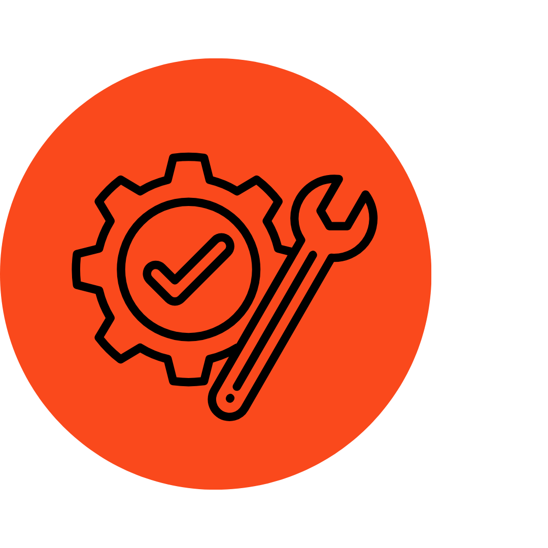 Maintenance or repair icon featuring a gear, a wrench, and a checkmark inside the gear on an orange background.