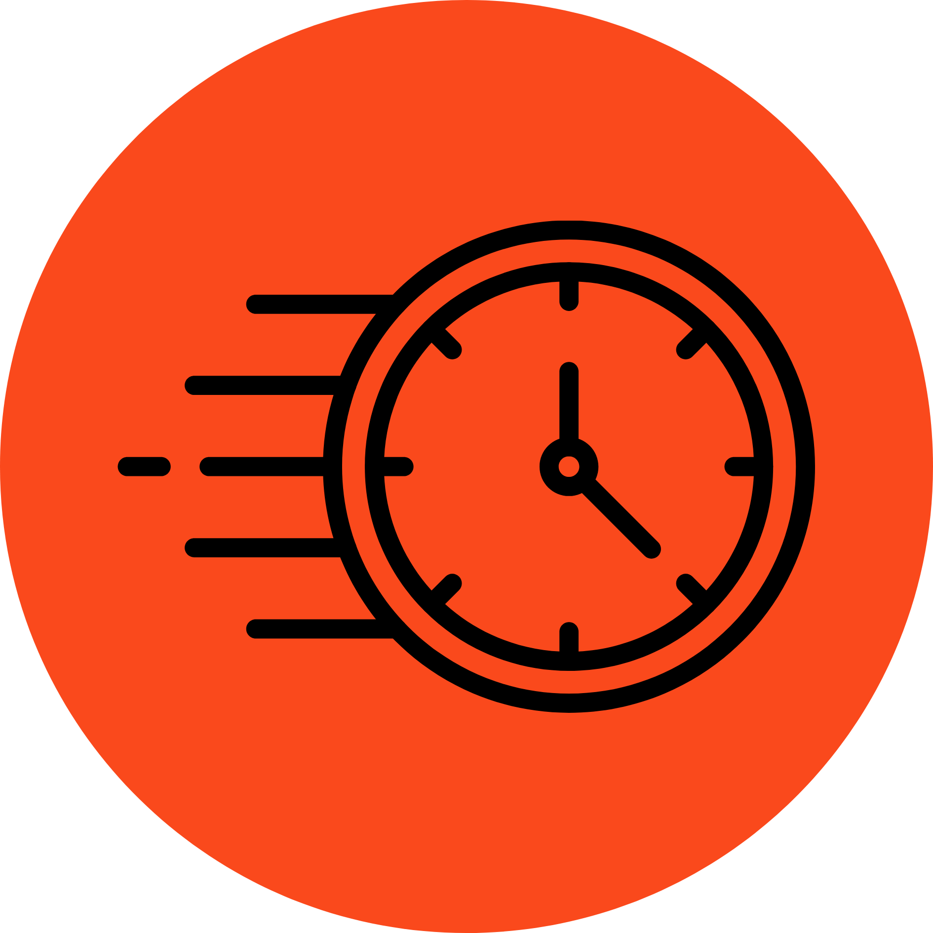 Red circular icon with a black clock and speed lines representing fast installation and quick project turnaround.