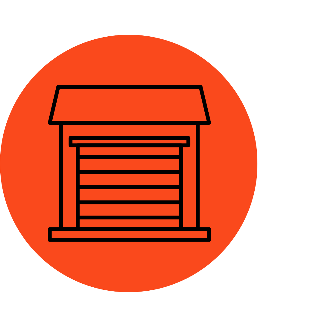 Icon of a closed roller shutter garage door inside an orange circle.