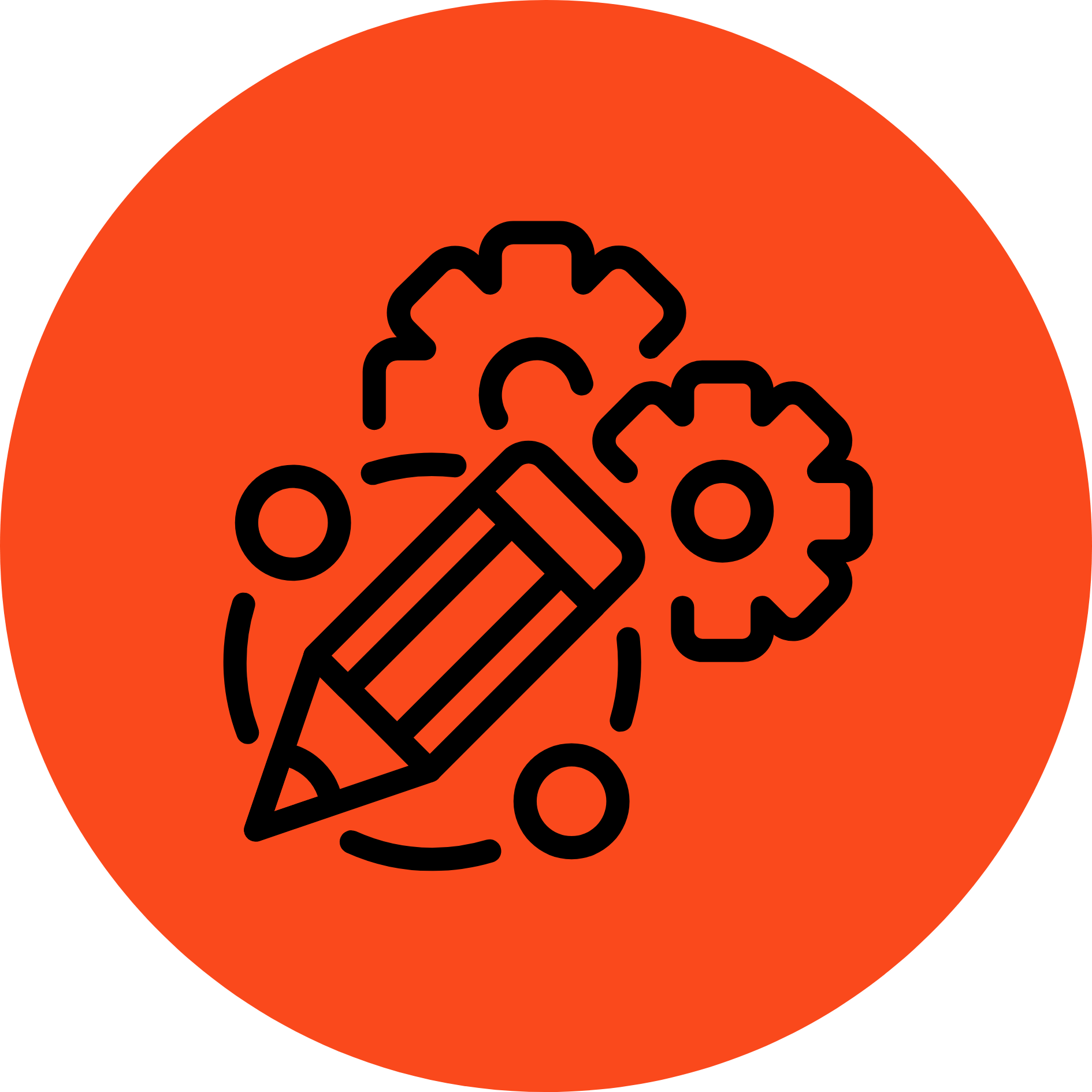 Red circular icon featuring a pencil, and gear symbol representing custom design solutions.