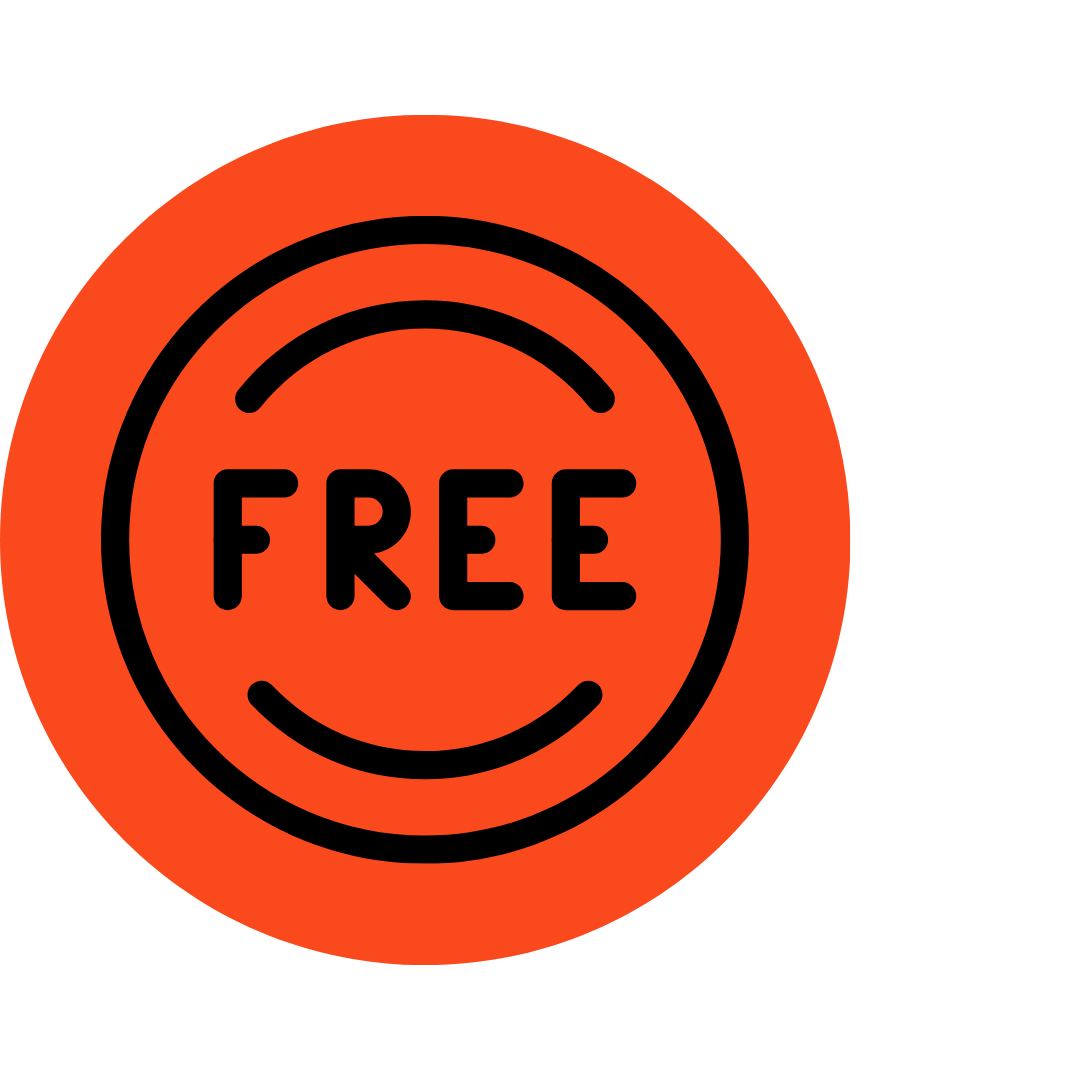 Orange circular badge with black outline and the word 'FREE' in the center