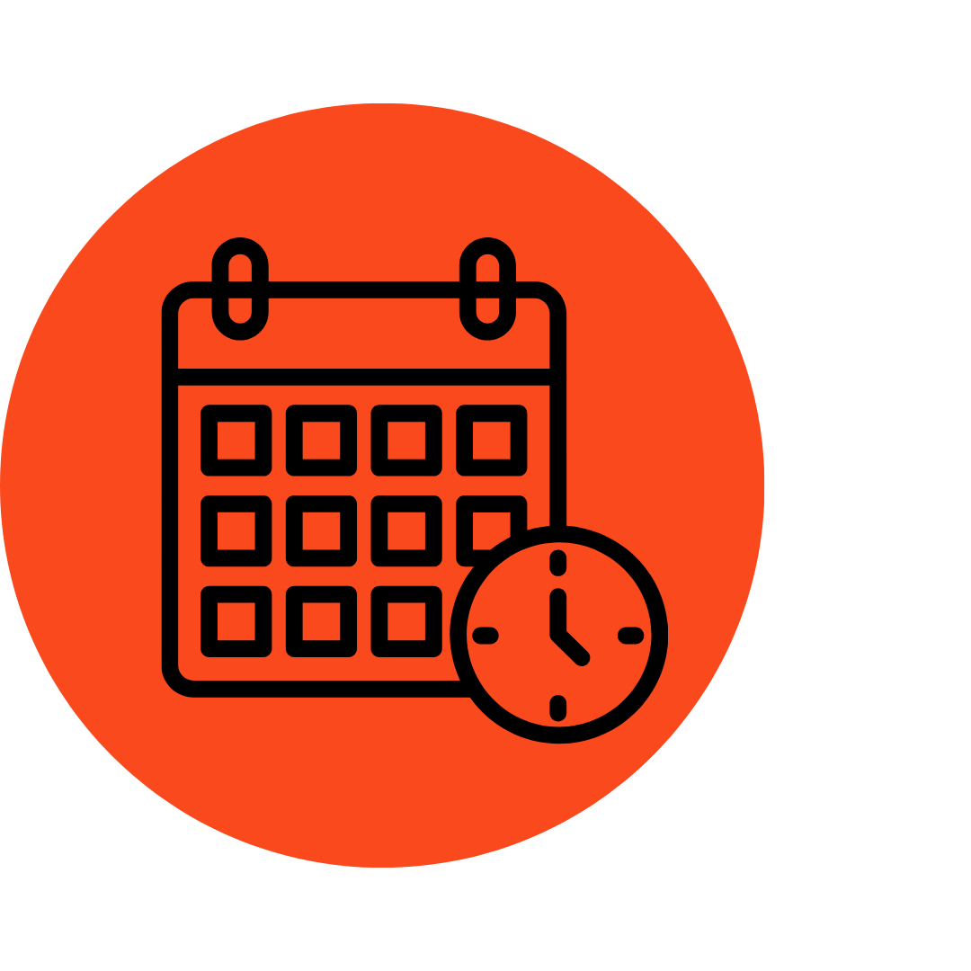 Calendar and clock icon on an orange circular background, symbolizing scheduling or appointment timing.