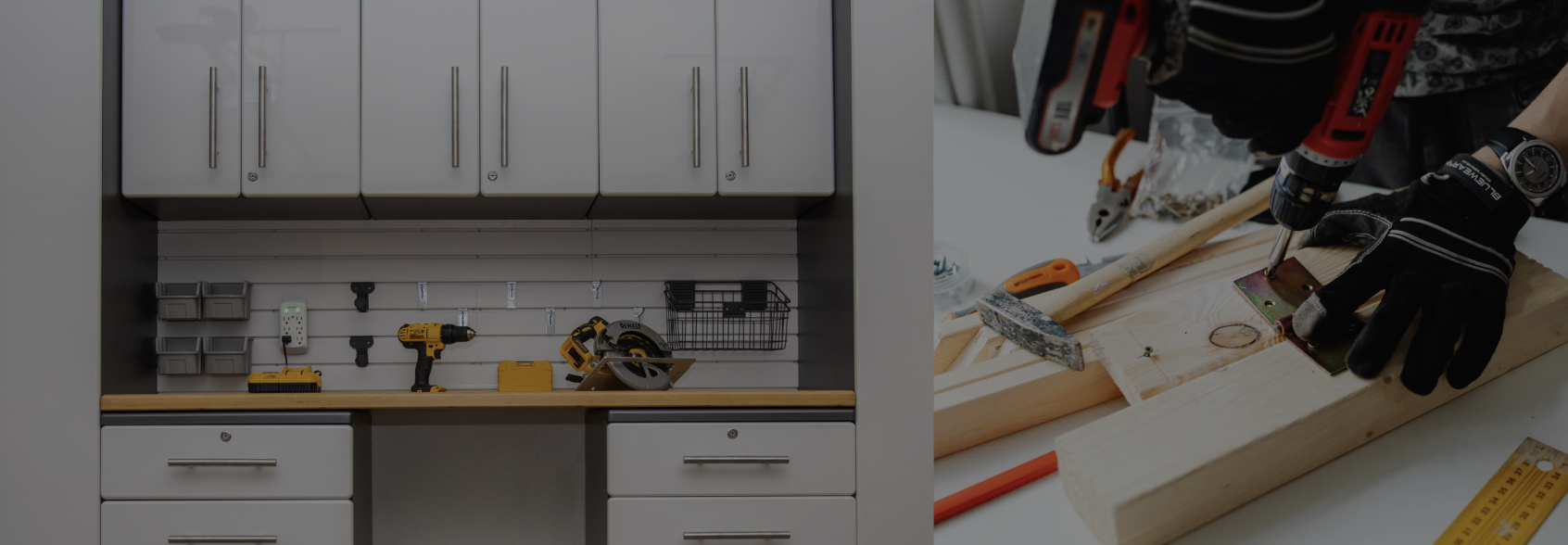 A home workshop with organized storage cabinets, tools, and a person using a cordless drill to work on a piece of wood.