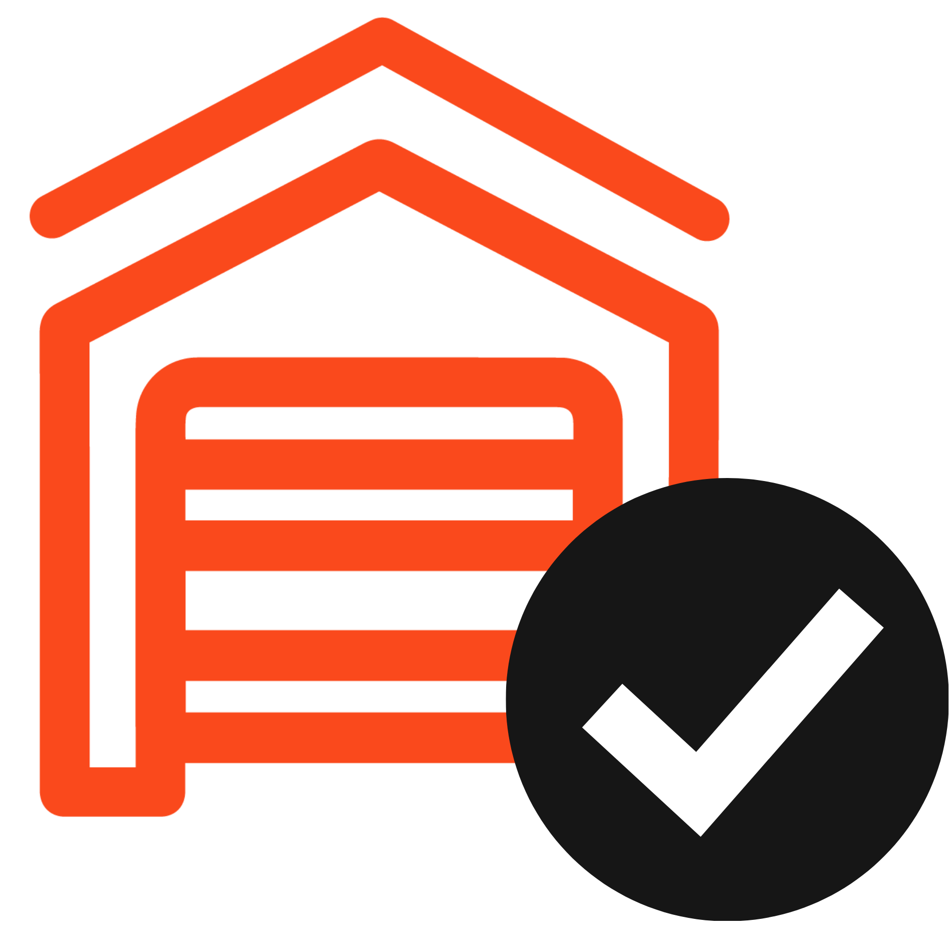 Red garage icon with a black circle and white checkmark representing a completed or trusted garage project.