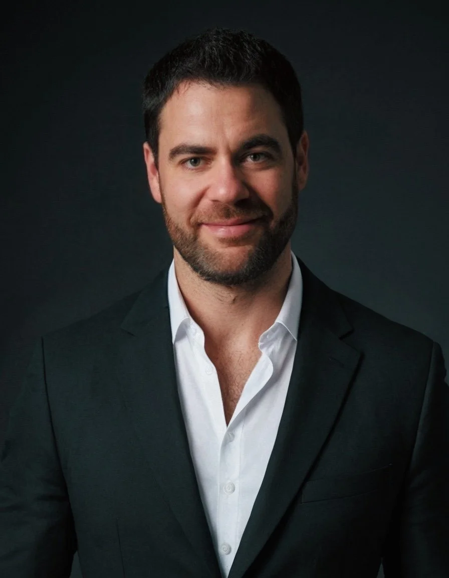 Portrait of a man in a black suit and white shirt against a dark background.
