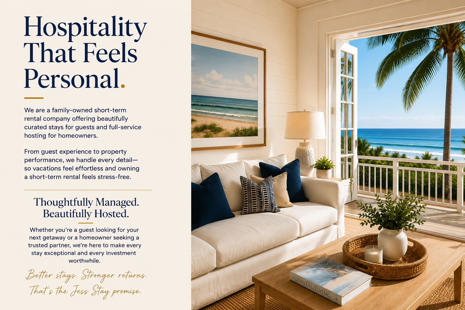 Interior of a vacation rental living room with a white sofa decorated with navy and patterned throw pillows, a wooden coffee table with a potted plant and a book, a large framed beach photograph on the wall, and an open balcony door showing a tropical beach with palm trees and a blue ocean.