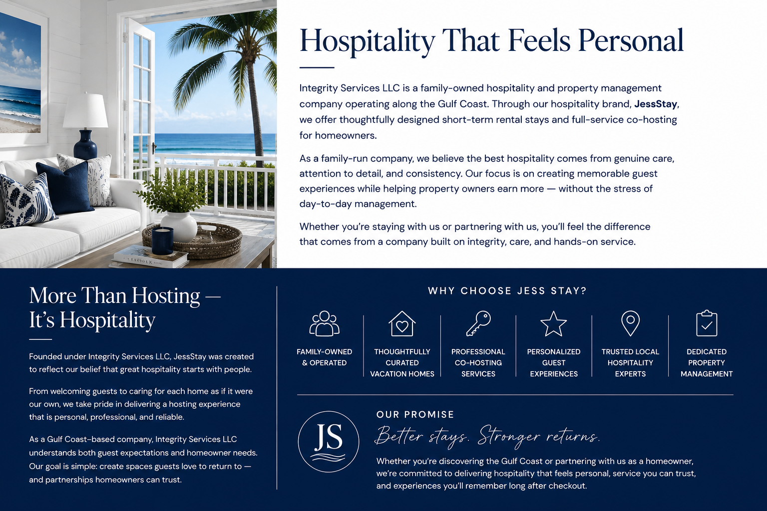 A digital advertisement for Integrity Services LLC, showcasing a bright coastal living room with white walls, a white sofa with patterned and navy pillows, a wooden coffee table with a white vase and decorative tray, and a large open window revealing a view of palm trees, a balcony, and the ocean under a partly cloudy sky. The text emphasizes hospitality, family-owned business, personalized guest experiences, and property management along the Gulf Coast.