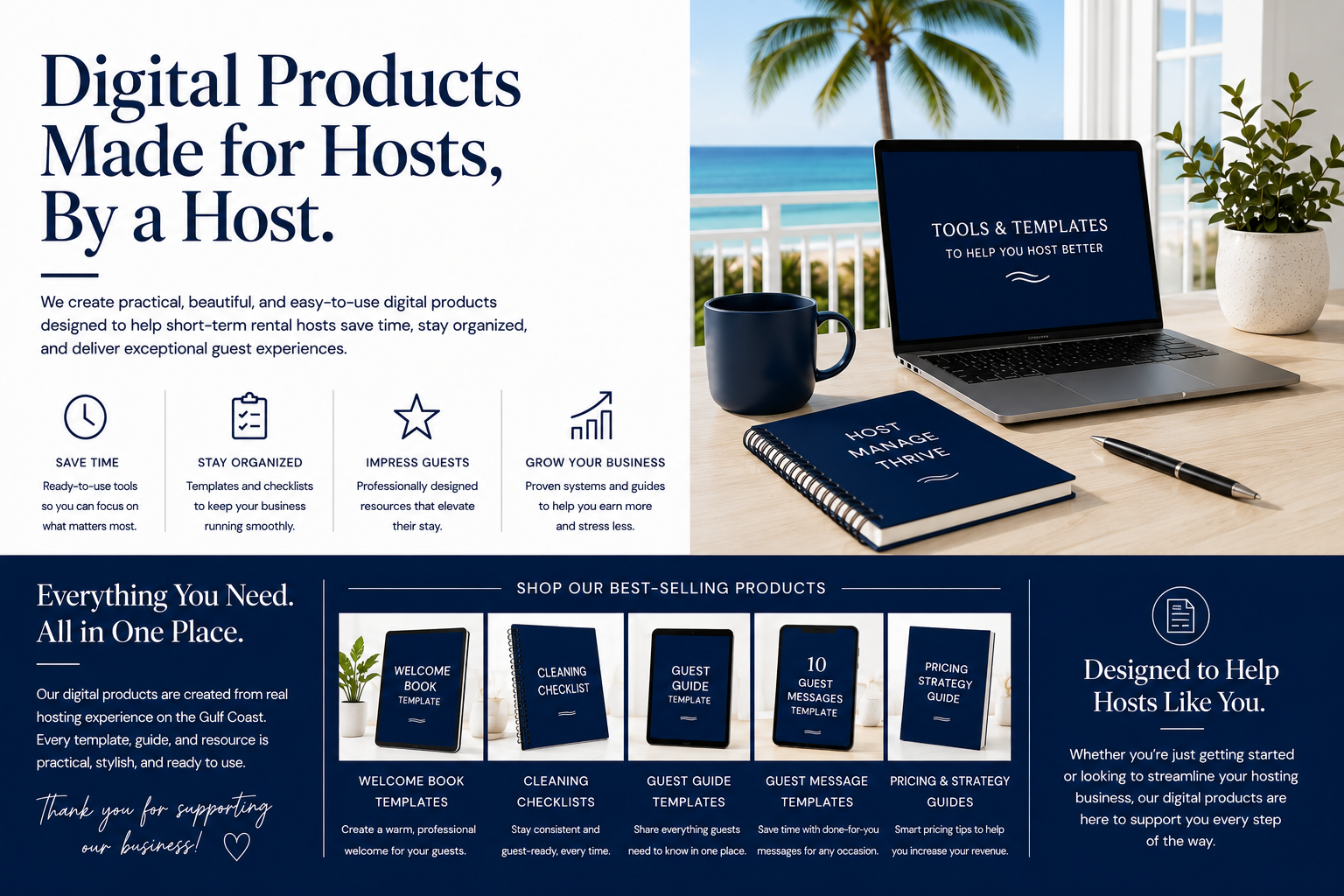 A marketing flyer advertising digital products designed for short-term rental hosts. The image features a workspace with a laptop displaying tools and templates to help hosts manage better. The workspace includes a dark blue mug, a dark blue notebook titled 'HOST MANAGE THRIVE,' a pen, and a potted plant on a wooden desk. Behind the desk, there is a balcony with a view of a palm tree, ocean, and sky.