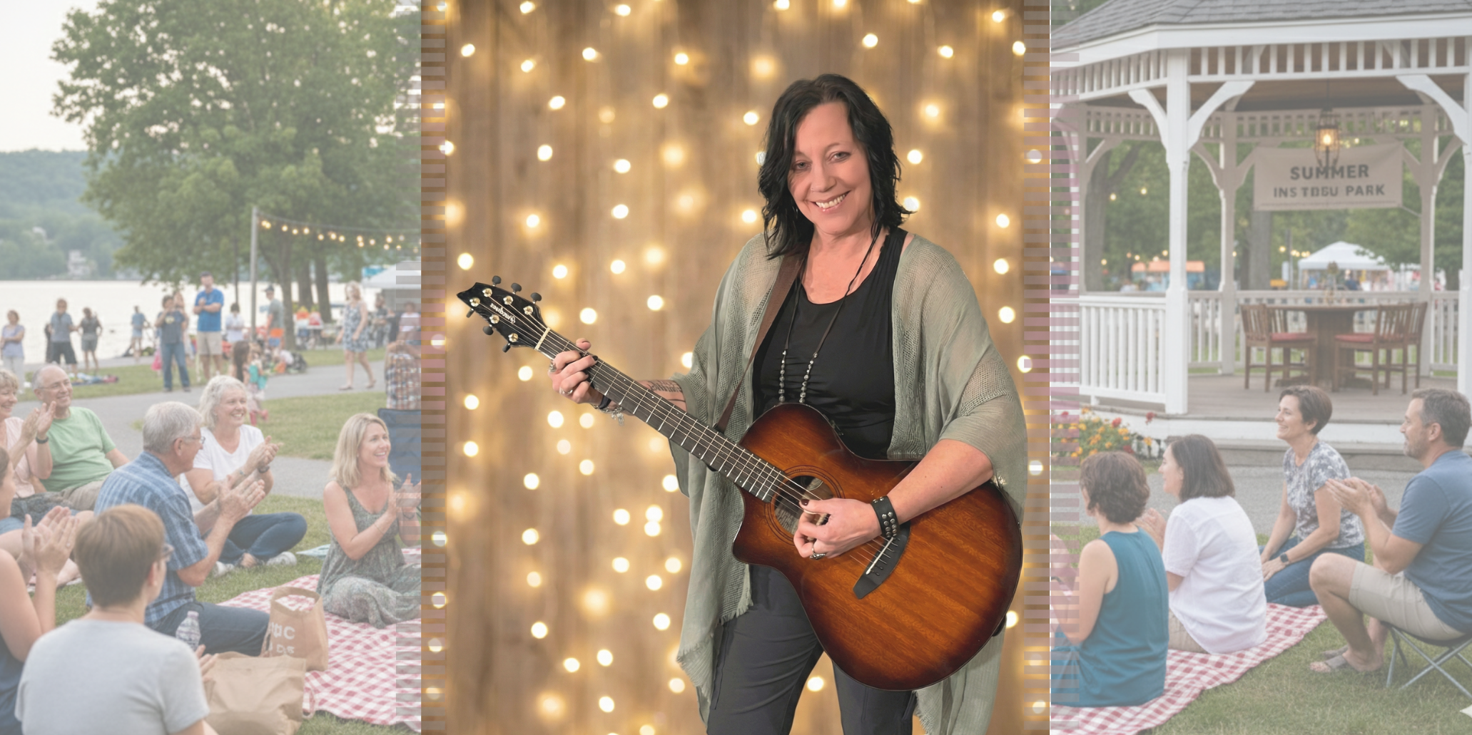 Woman playing guitar at an outdoor community event with people sitting on picnic blankets and enjoying the gathering