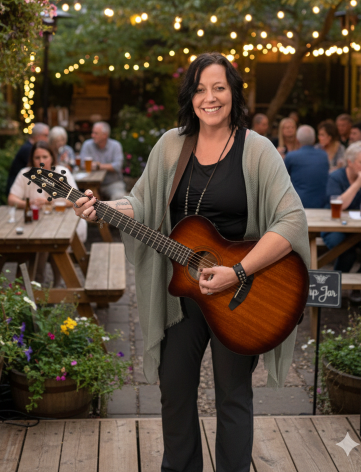 A woman playing an acoustic guitar at an outdoor gathering during evening with string lights, wooden tables, and people sitting and enjoying drinks.