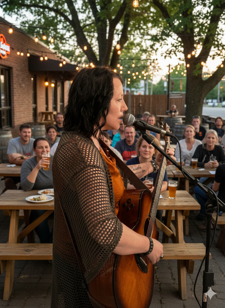 A woman with black hair playing an acoustic guitar and singing into a microphone at an outdoor gathering. An audience is seated at picnic tables, enjoying drinks and food, under string lights and trees at sunset.