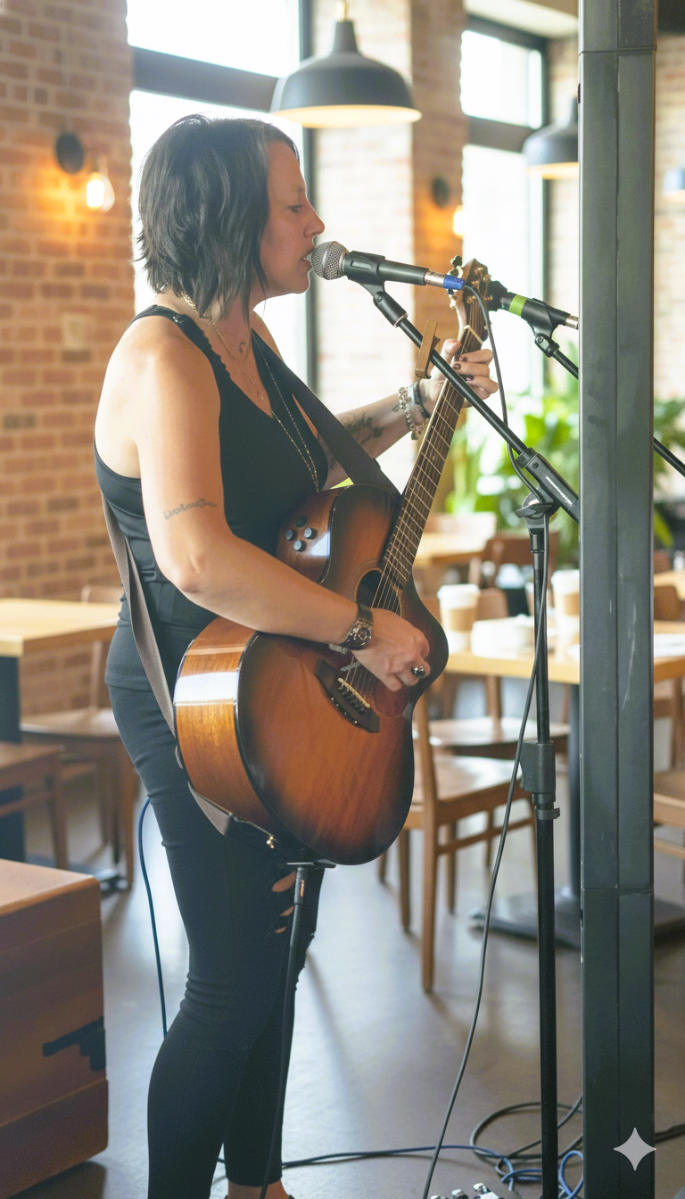 A woman with dark hair is singing into a microphone and playing an acoustic guitar in a cafe or restaurant with brick walls and large windows.