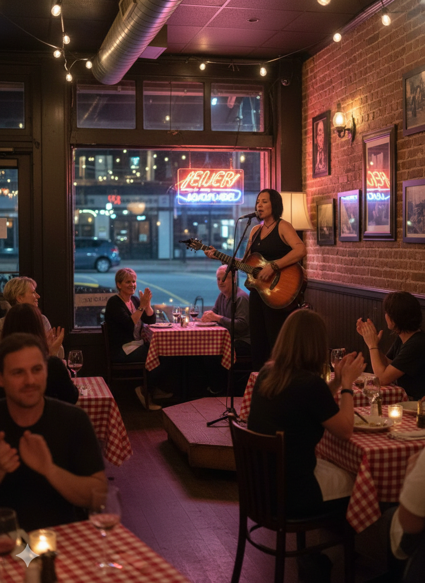 A woman is performing with a guitar on a small stage in a cozy restaurant or cafe with brick walls, framed pictures, and warm lighting. The audience is clapping and enjoying the performance.