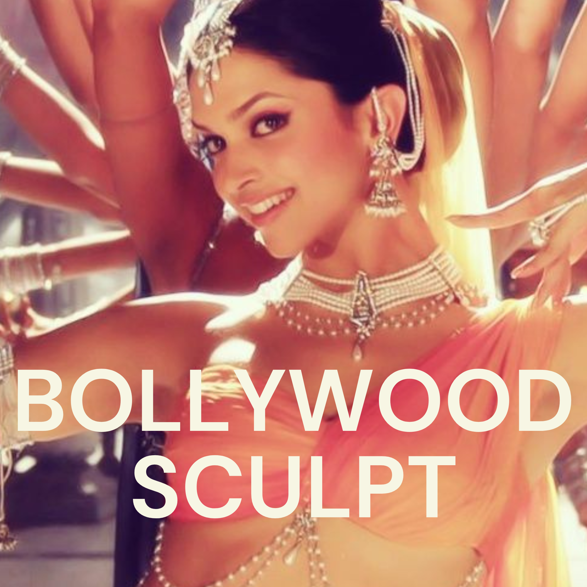 Close-up of a woman in a glamorous dress with jewelry, with bold text overlay reading 'Bollywood Sculp,' indicating a Bollywood-themed or related context.
