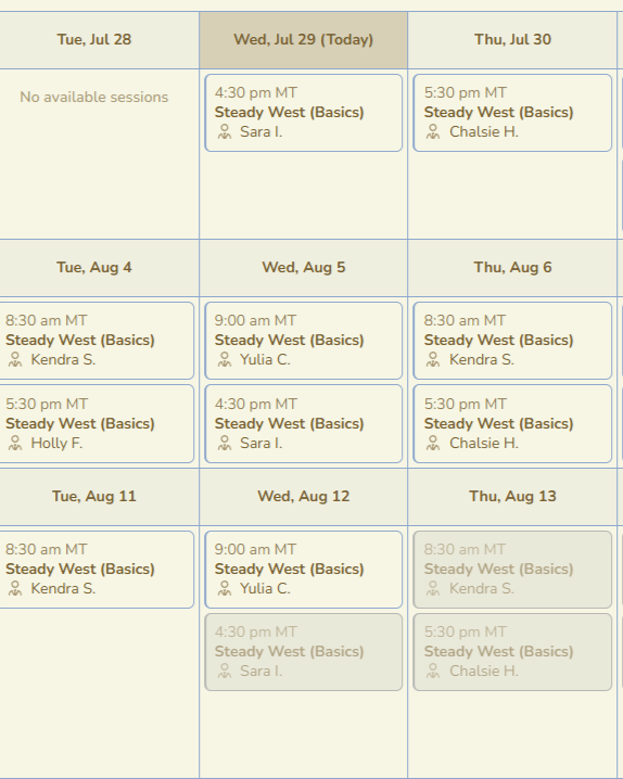 Schedule of fitness classes with dates, times, instructors, and class names, including 'Steady West (Basics)' and 'No available sessions' noted on specific days.