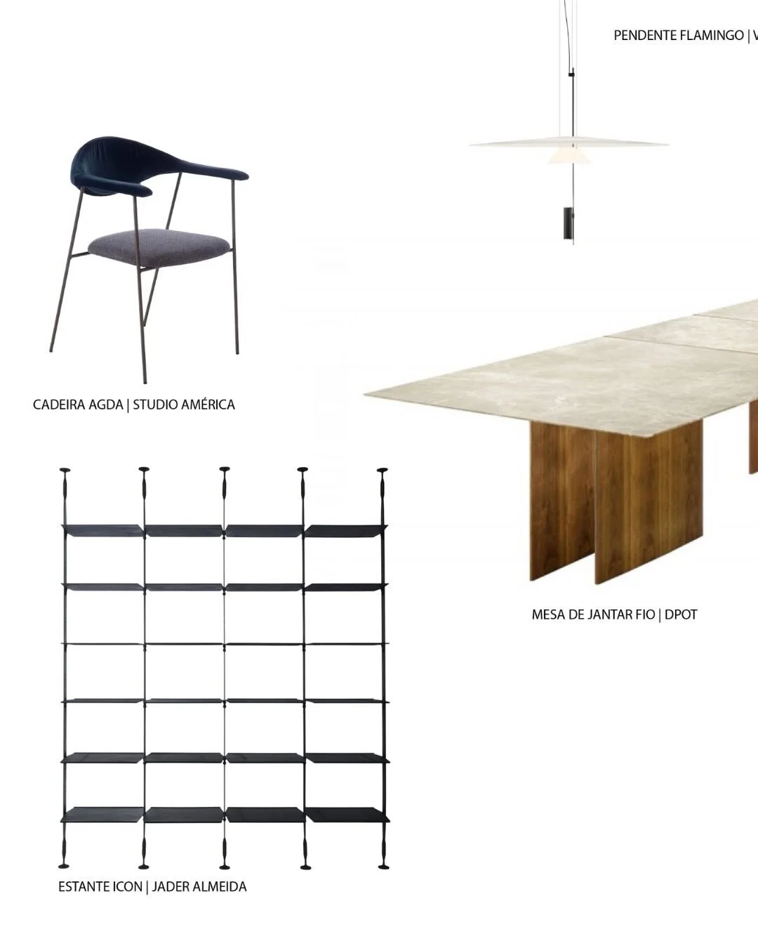 APTO VLNC
S&atilde;o Paulo, SP | 2025
Bruno Moraes Arquitetura
Um recorte do mood board que orientou o desenvolvimento do conceito e a curadoria dos mobili&aacute;rios do projeto.
Neste trecho, a sala de jantar &eacute; estruturada a partir de pe&cce