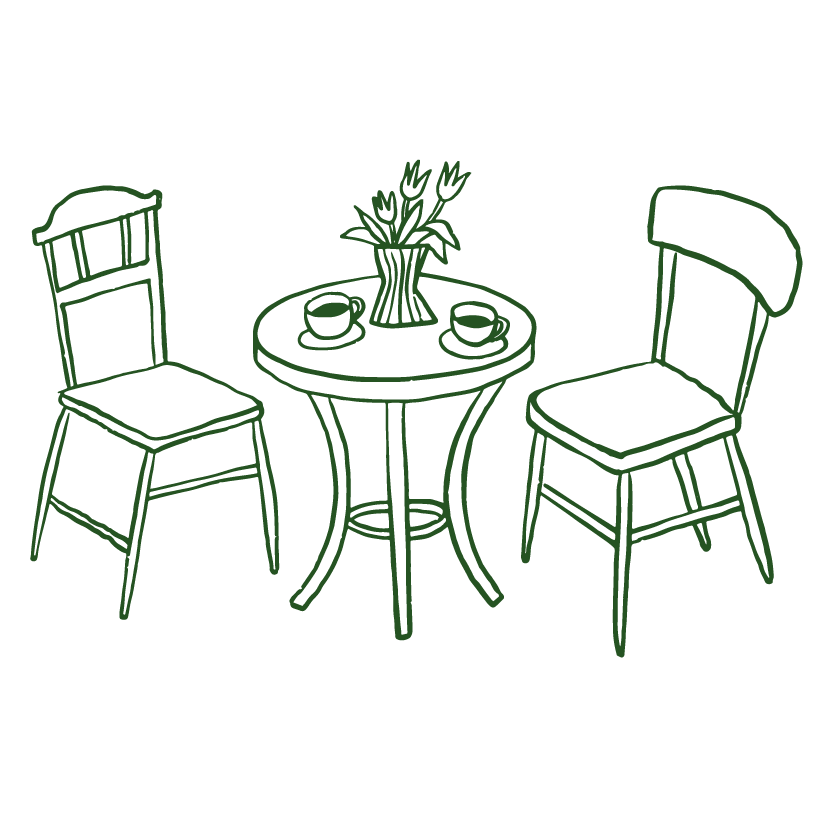 Hand-drawn café table illustration symbolizing connection, conversation, and community at Farmopathy