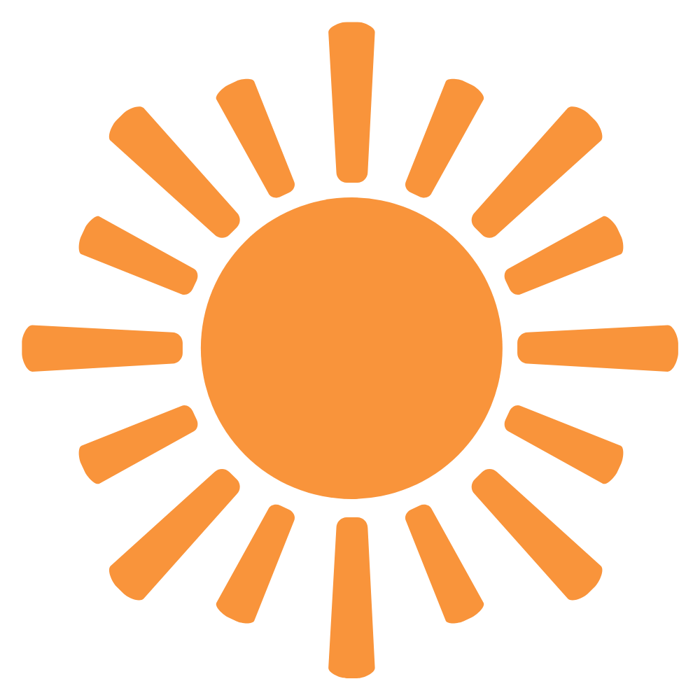 A graphic illustration of a sun with a large orange circle at the center and orange rays extending outward, set against a black background.