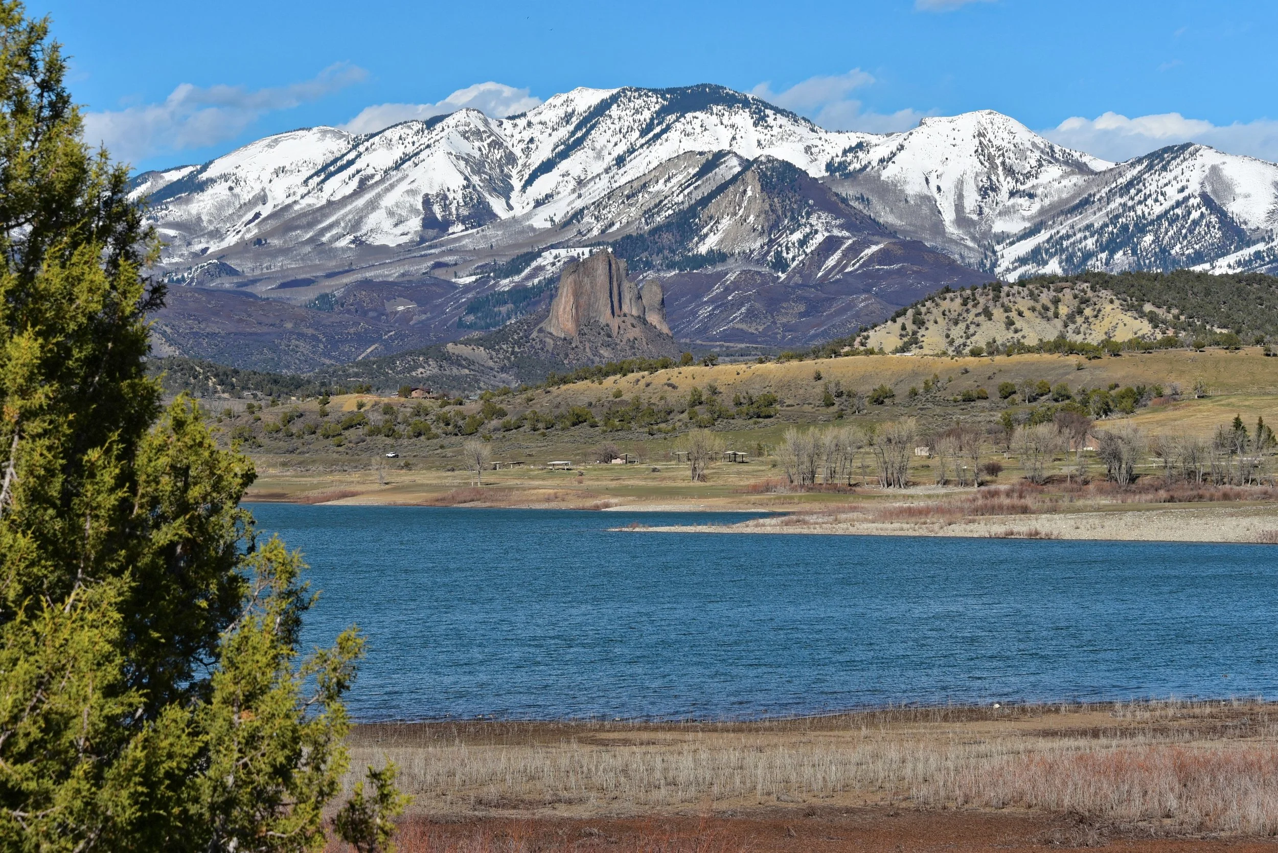 Snow-capped mountains in the background, a lake in the midground, and a grassy, slightly wooded shoreline in the foreground.